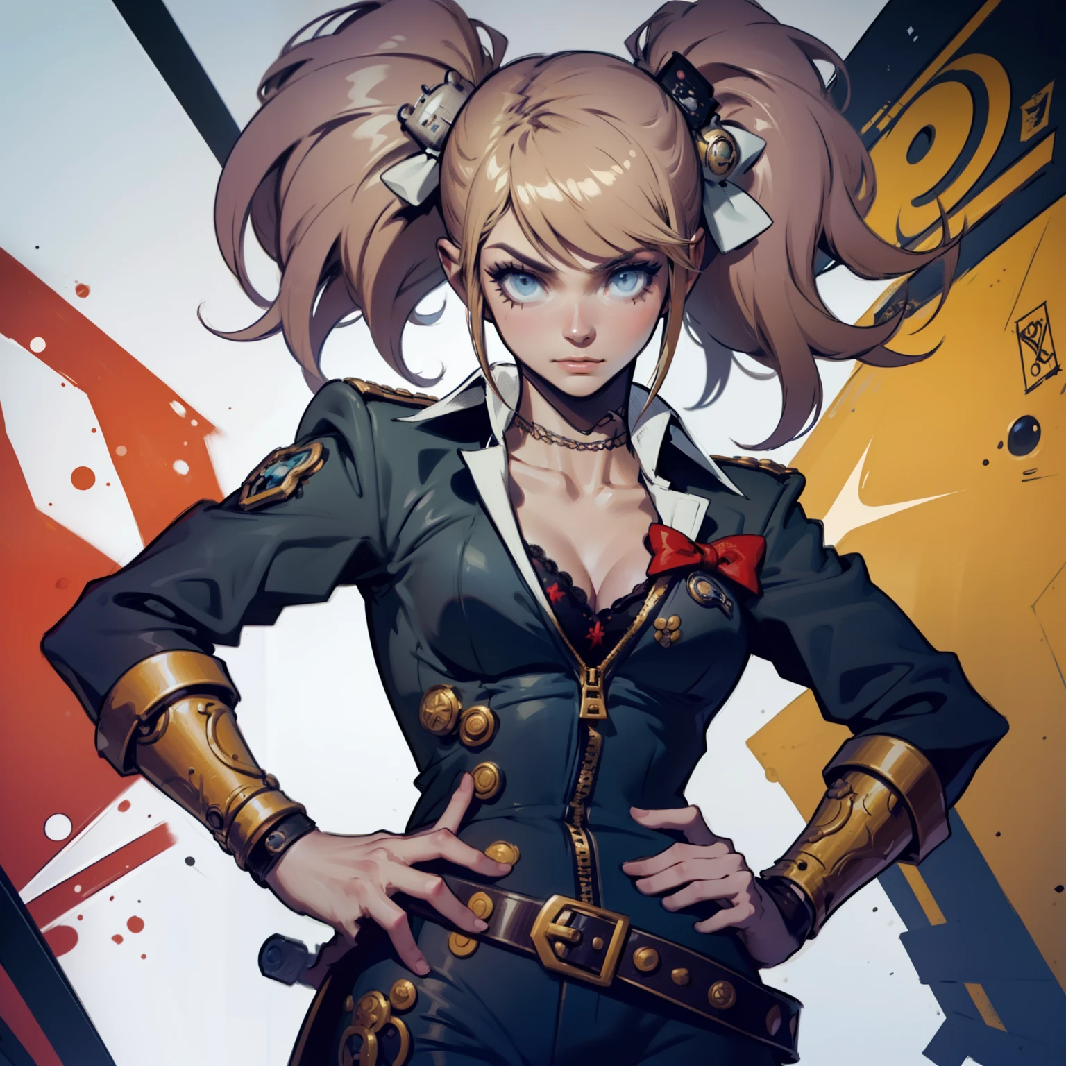 Closeup of a woman with a gun costume, ((character concept art)), ((Character Design sheet, Same character, forehead, side, derriere)) maple story character art, video game character design, video game character design, maple story gun girl, expert high detail concept art, metal bullet concept art, funny character design, Lucio as a woman, Inspiration of gravity fever, sticky tar. conceptual art, belt buckle at waist, arma steampunk,