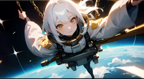 1 girl with white hair and golden eyes on a swing in space