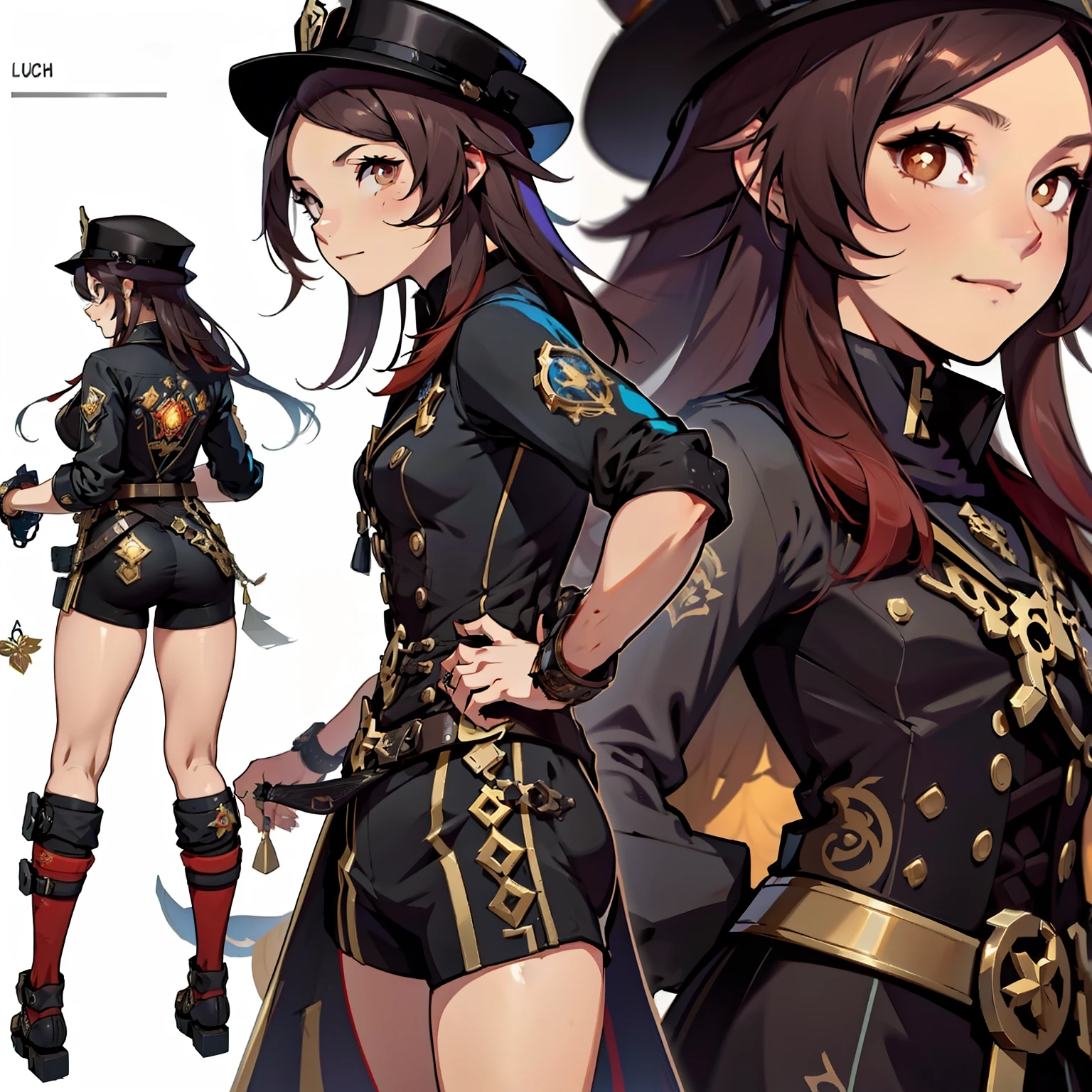 Close-up of a girl in a gun costume, ((character concept art)), ((character design sheet, same character, front, side, back)) maple story character art, video game character design, video game character design, maple story gun girl, expert high detail concept art, metal bullet concept art, funny character design, Lucio as a woman, gravity rush inspiration, sticky tar. Concept art, belt buckle at waist, steampunk weapon,