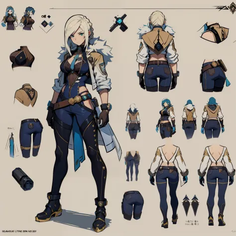 Close-up of a girl in a gun costume, ((character concept art)), ((character design sheet, same character, front, side, back)) maple story character art, video game character design, video game character design, maple story gun girl, expert high detail conc...