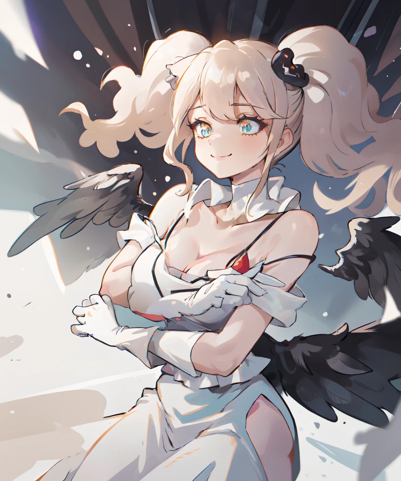 1girl, solo, al1, demon horns, white gloves, white dress, bare shoulders, detached collar, cleavage, slit pupils, black wings, feathered wings, low wings,  dynamic angle, dungeon, smile,