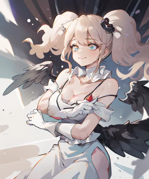 1girl, solo, al1, demon horns, white gloves, white dress, bare shoulders, detached collar, cleavage, slit pupils, black wings, f...