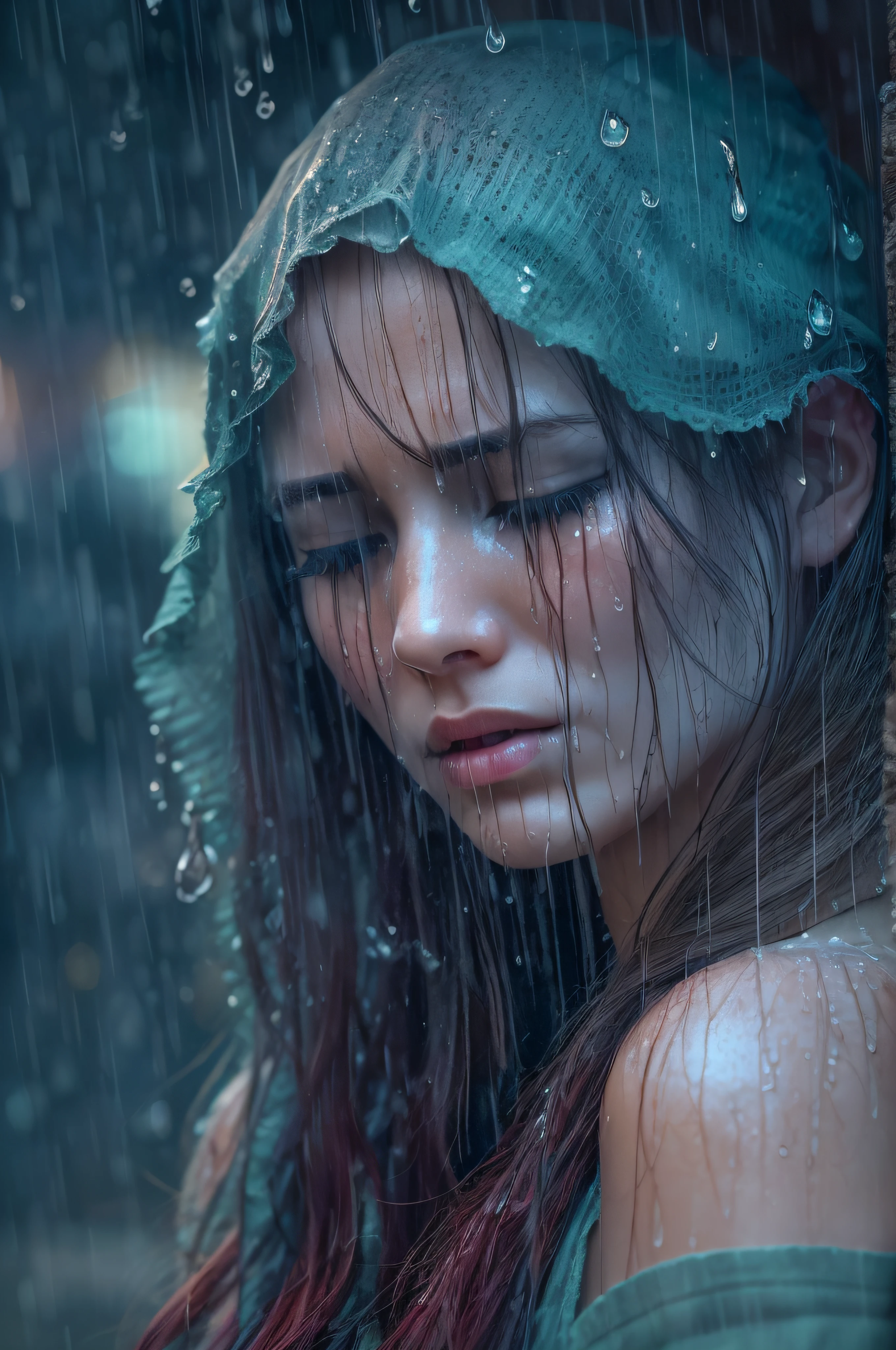 A close up of a woman with a green hat and rain - SeaArt AI