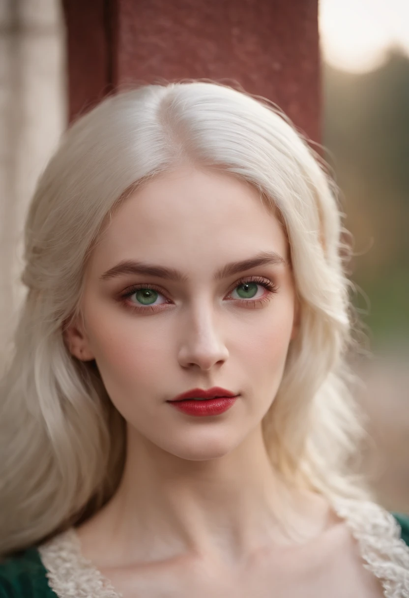 (((a deep reddish wound crosses her left cheek))) fair complexion, woman around 19 years old, natural white hair, distinctive green eyes, wearing kohl, slender and graceful, beautiful, candlelight in a medieval setting, ultra sharp focus, realistic shot, medieval female clothes, tetradic colors (scar:1.4)