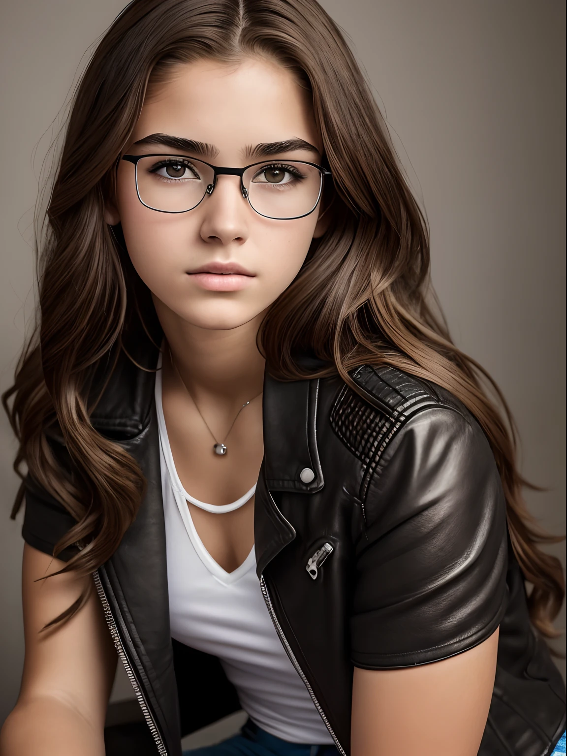 Realistic photo of a 16-year-old girl of European appearance; thick brown hair below the shoulder blades, slightly curly from medium length;;;, Large shiny dark brown eyes, long eyelashes, eyeglasses(Natural glare of glasses), thick eyebrows, Serious, хмурая, Indifferent, heavy, The Penetrating Eye, looks at the camera from under his eyebrows(a slight tilt of the head forward and down); Black biker leather jacket, lace bra, Ripped white denim shorts, striped knee socks, tall laced sappers, Near a motorcycle "Java"; Without cosmetics; Professional studio photography with a film SLR camera("Zorkiy-4"), (full body photographed), Anatomical realism(mandatory observance of the development and proportions of the body in accordance with the specified age (16yo)),,,, hight resolution, detailed skin texture, natural lightin, 8K, Texture of the photo card