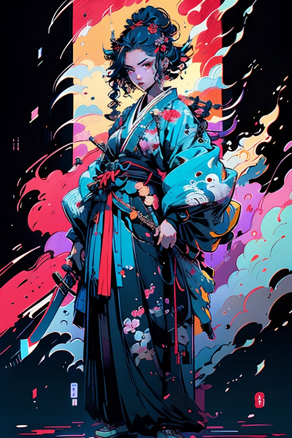Es una pintura de cuerpo entero con colores naturales con dibujos lineales al estilo Katsushika Hokusai..。Kengo、1、Samurái japonés para mujer。también々con una mirada de determinación,、Pelo largo y negro y cola de caballo.、La parte superior del cuerpo está cubierta con un kimono rojo..、Hakama está de rodillas.。Sosteniendo una espada de Japón con ambas manos.。Estoy tratando de cortar desde la parte superior de mi cabeza con los brazos levantados por encima de mi cabeza.。con la más alta calidad、En medio de las turbulentas llamas del estilo ukiyo-e de alta resolución de la obra maestra。Rostro bonito、ojos bonitos、Retrato detallado、