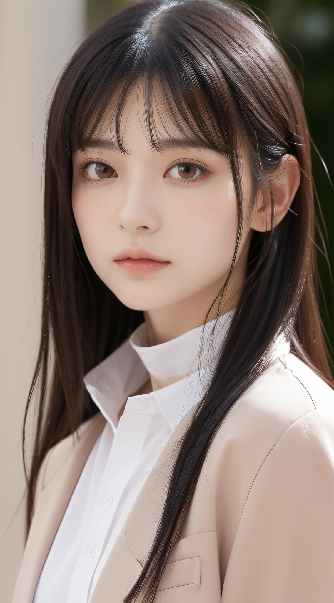 1womanl, (up of face:1.5), Black hair, Blunt bangs, hair behind ear, hair over shoulder, Long hair, Ultra Fine Face, Thin face, Delicate lips, (beautidful eyes:1.5), thin blush, eyes are light brown,View here, （Hands hide）, formal jackets, a choker ,Port Area ,One-person viewpoint,  8K, masutepiece, nffsw, Super Detail, High quality, Best Quality, hight resolution,