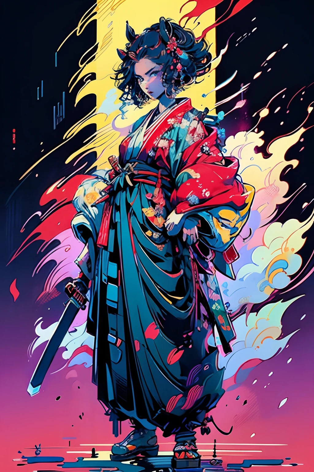 Il s&#39;agit d&#39;une peinture corporelle complète aux couleurs naturelles avec des dessins au trait de style Katsushika Hokusai..。Kengo、1、Japon Samouraï pour femme。aussi々avec un air de détermination,、Longs cheveux noirs et queue de cheval、La partie supérieure du corps est recouverte d&#39;un kimono rouge.、Hakama est à genoux。Tenir une épée du Japon à deux mains。J&#39;essaye de couper du haut de ma tête avec mes bras levés au-dessus de ma tête。Avec la plus haute qualité、Au milieu des flammes turbulentes du style ukiyo-e haute résolution du chef-d&#39;œuvre。Beau visage、beaux yeux、Portrait détaillé、