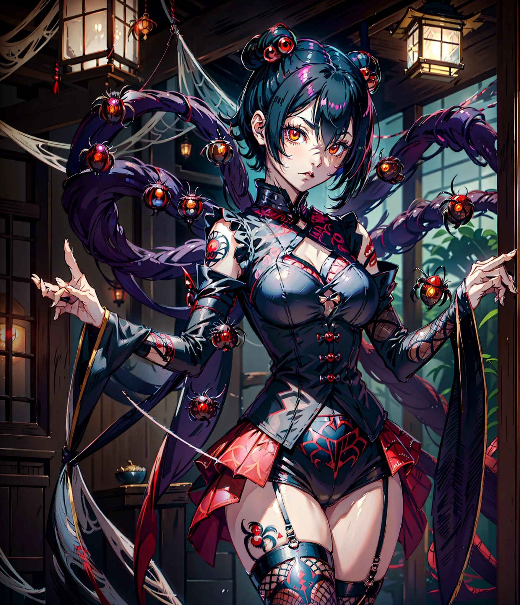 Beautiful girl fused with a spider. Girl in Japanese style maid costume. ((Female Solo. 1.1)) . hiquality. Dark fantasy style illustration. she has short hair. ratex. Shining eyes. Spider legs extending from behind her. tarantula. Embroidery with a spider web pattern. Spider web tattoo. monstergirl. Dark indoor. Wooden house.