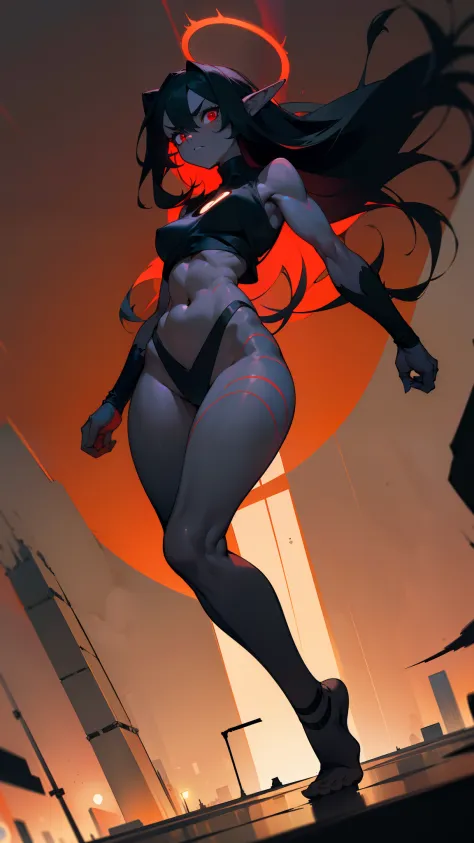 1humanoid woman ,30 years old,tall,fat body,angry face,(bare body),bare belly,sleeveless and shoulderless t-shirt,cleavage,medium breast,black hair,extra long hair,(((colored skin,Vantablack skin))),red sclera,a dark shapeless creature with a dark red glow...
