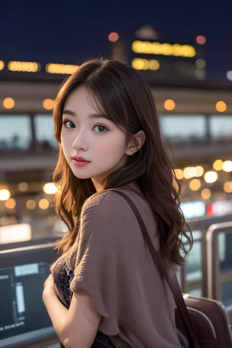 1womanl、Early 20s、(Strong-willed super beautiful woman)、(ultra beautiful faces)、is standing、Wearing makeup、Wavy brown hair、(Airport at night:1.1)、Large windows at the departure gate、(Night view from the background window)、Shallow depth of field