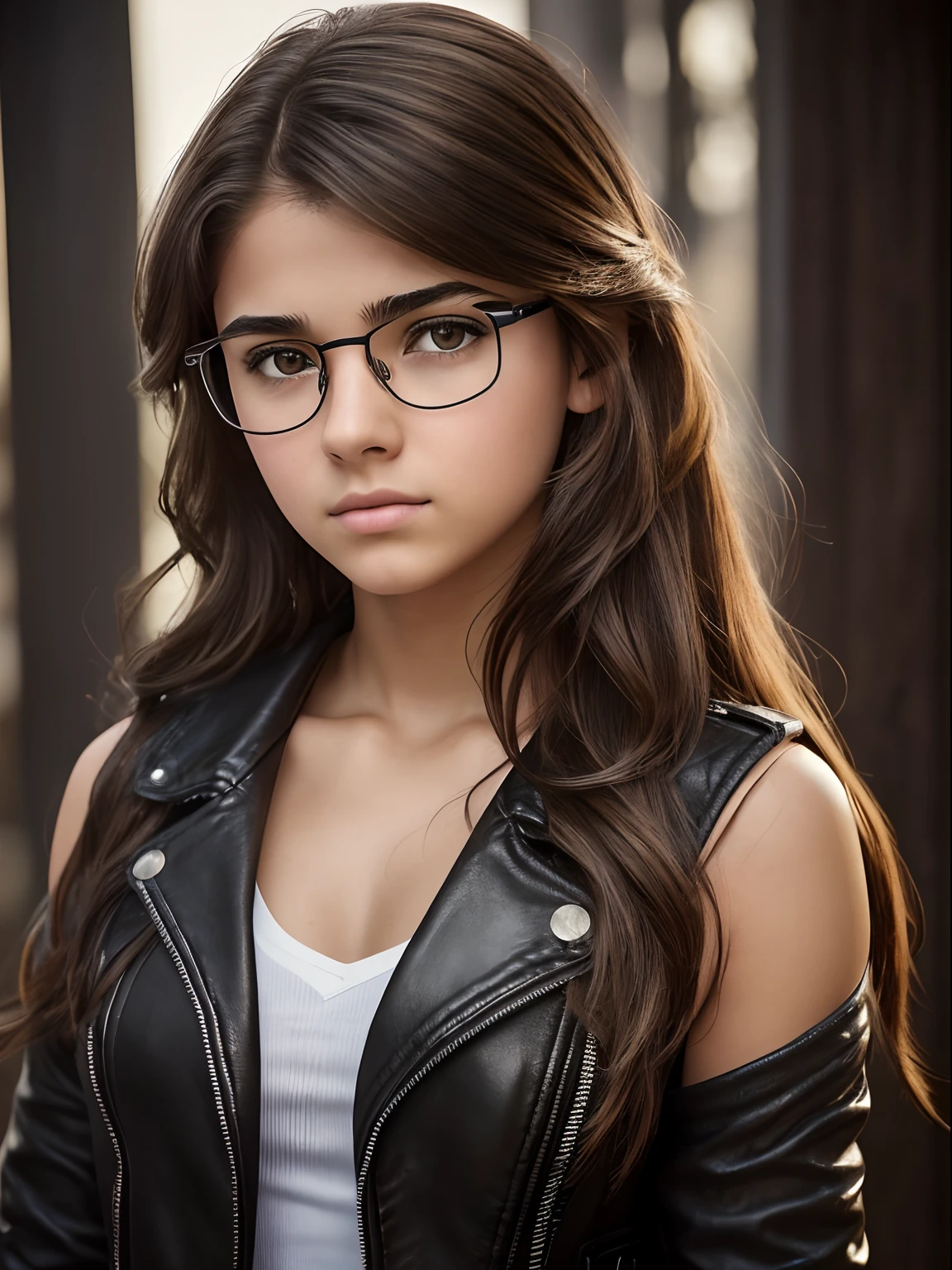 Realistic photo of a 16-year-old girl of European appearance; thick brown hair below the shoulder blades, slightly curly from medium length;;;, Large shiny dark brown eyes, long eyelashes, eyeglasses(Natural glare of glasses), thick eyebrows, Serious, хмурая, Indifferent, heavy, The Penetrating Eye, looks at the camera from under his eyebrows(a slight tilt of the head forward and down); Black biker leather jacket, torn jeans , striped knee socks, Tall laced sappers, riding on a motorcycle "Java"; Behind the back is a sheath with a katana; Without cosmetics; Professional studio photography with a film SLR camera("Zorkiy-4"), (full body photographed), Anatomical realism(mandatory observance of the development and proportions of the body in accordance with the specified age (16yo)),,,, hight resolution, detailed skin texture, natural lightin, 8K, Texture of the photo card