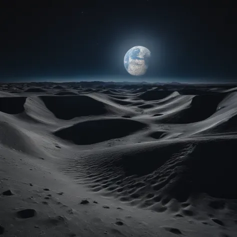 Master Parts、Superior Quality、superior image quality、The 8k quality、Beautiful pictures of the starry sky、magnifica、Arched Milky Way:1.25、Alafed view of Earth from the lunar surface:1.25, Lunar surface, space photo, on the moon, moon background, moon background, on the moon, Lunar soil, space photo, moonscape, Focus on the Moon, On Moon, Numerous craters, Seeing the Earth from the surface of the moon:1.9, big earth in the sky:1.9, Dark Blue Universe:1.9
