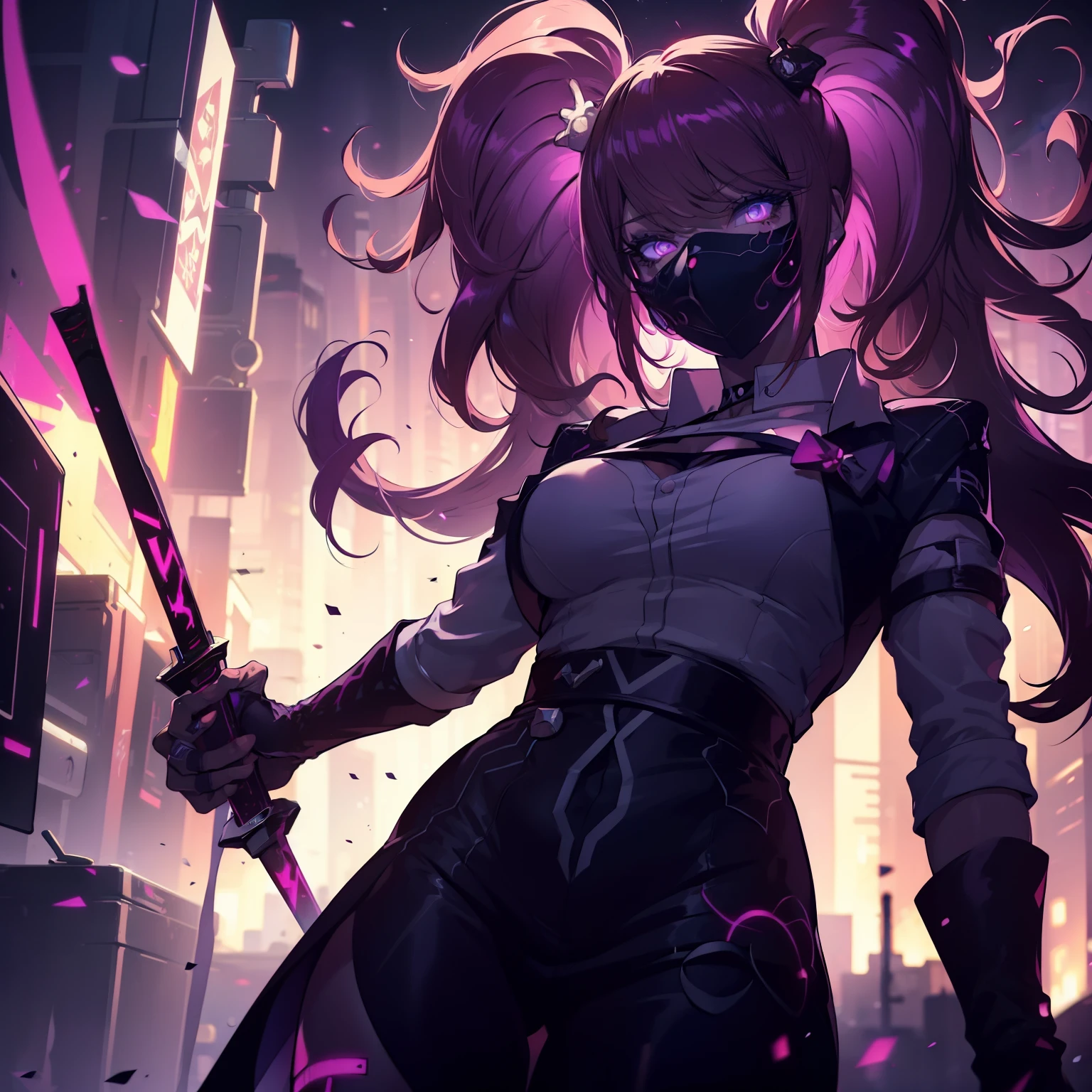 female , Un adolescente con cabello corto y blanco como la nieve , sporting a mysterious full-face black mask that has glowing purple eyes , vestido con una llamativa camisa roja y un largo abrigo negro, Deftly wielding a pair of dual long swords, one bright in vibrant red and the other hypnotically purple.. The scene unfolds against the backdrop of a dystopian cyberpunk city at night.., pulsing with neon lights and a futuristic aura, All rendered in stunning high-resolution 8K quality