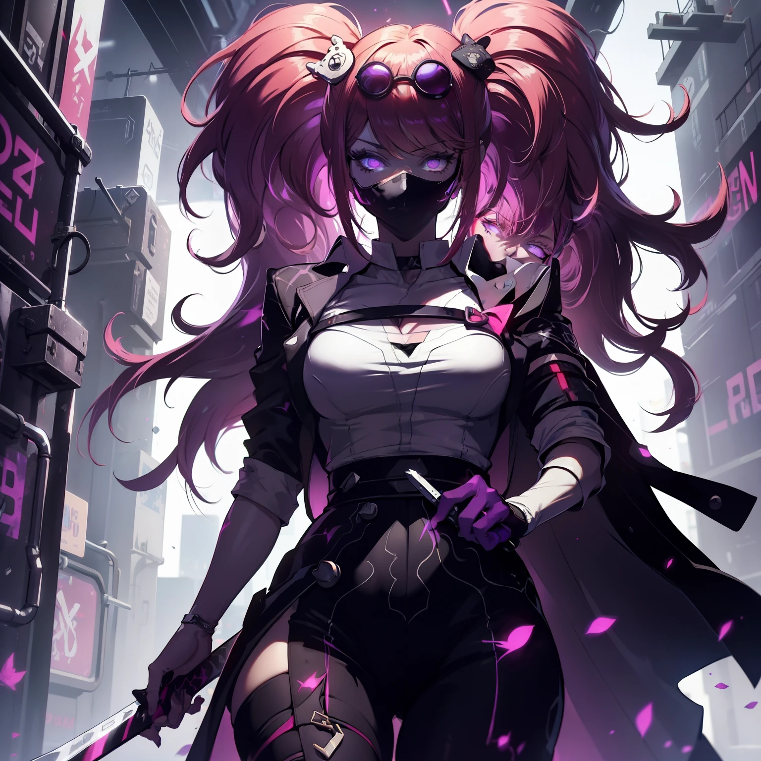 female , Un adolescente con cabello corto y blanco como la nieve , sporting a mysterious full-face black mask that has glowing purple eyes , vestido con una llamativa camisa roja y un largo abrigo negro, Deftly wielding a pair of dual long swords, one bright in vibrant red and the other hypnotically purple.. The scene unfolds against the backdrop of a dystopian cyberpunk city at night.., pulsing with neon lights and a futuristic aura, All rendered in stunning high-resolution 8K quality