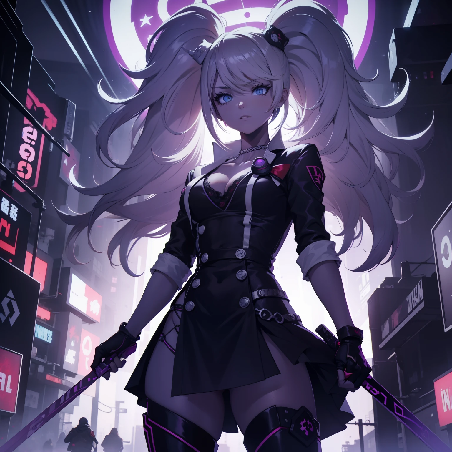 female , Un adolescente con cabello corto y blanco como la nieve , sporting a mysterious full-face black mask that has glowing purple eyes , vestido con una llamativa camisa roja y un largo abrigo negro, Deftly wielding a pair of dual long swords, one bright in vibrant red and the other hypnotically purple.. The scene unfolds against the backdrop of a dystopian cyberpunk city at night.., pulsing with neon lights and a futuristic aura, All rendered in stunning high-resolution 8K quality