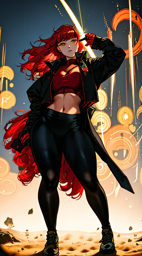wearing black and red leggins, big ass, big legs, thick thighs, small waist, big hips, female, red hair, long hair, loose hair, glowing yellow eyes, wearing black coat, use a katana, magical warrior, confident,