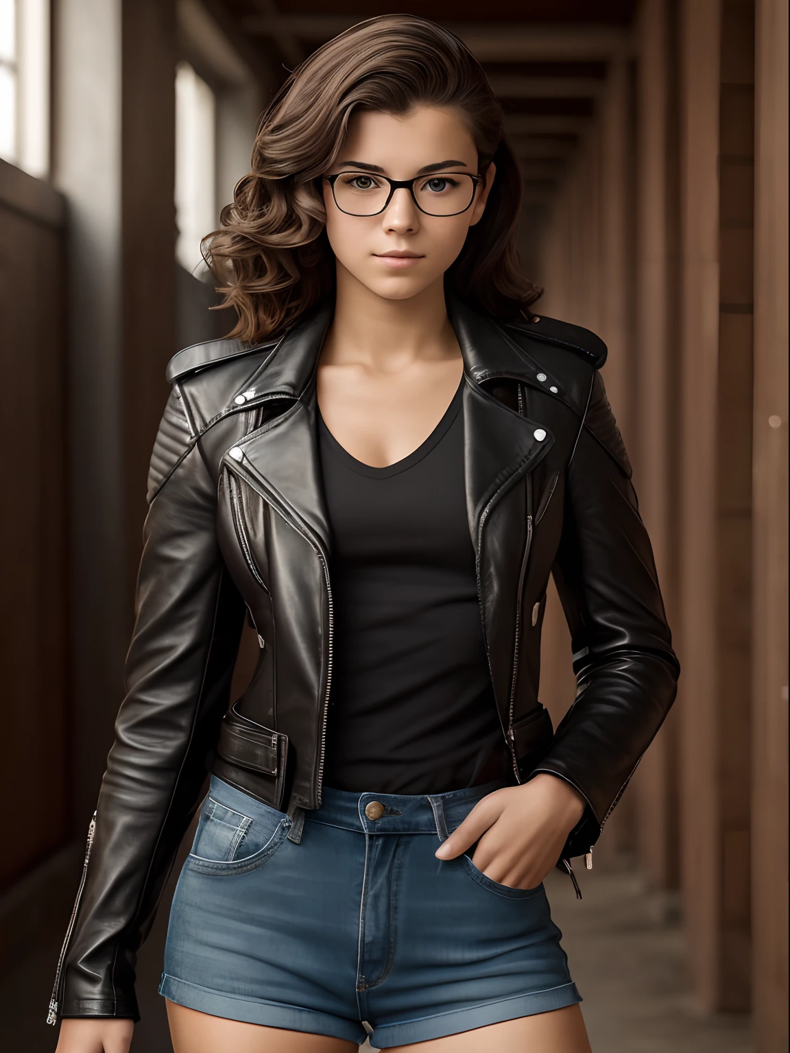 Realistic photo of a 16-year-old girl of European appearance; thick brown hair below the shoulder blades, slightly curly from medium length;;;, Large shiny dark brown eyes, long eyelashes, eyeglasses(Natural glare of glasses), thick eyebrows, Serious, хмурая, Indifferent, heavy, The Penetrating Eye, looks at the camera from under his eyebrows(a slight tilt of the head forward and down); Black biker leather jacket, torn jeans , striped knee socks, Tall laced sappers, Fingerless leather gloves, riding on a motorcycle "Java"; Behind the back is a sheath with a katana; A lit cigarette in your teeth, smoking; Without cosmetics; Photography in the style of the 80s; Professional studio photography with a film SLR camera("Zorkiy-4"), (full body photographed), Anatomical realism(mandatory observance of the development and proportions of the body in accordance with the specified age (16yo)),,,, hight resolution, detailed skin texture, natural lightin, 8K, Texture of the photo card
