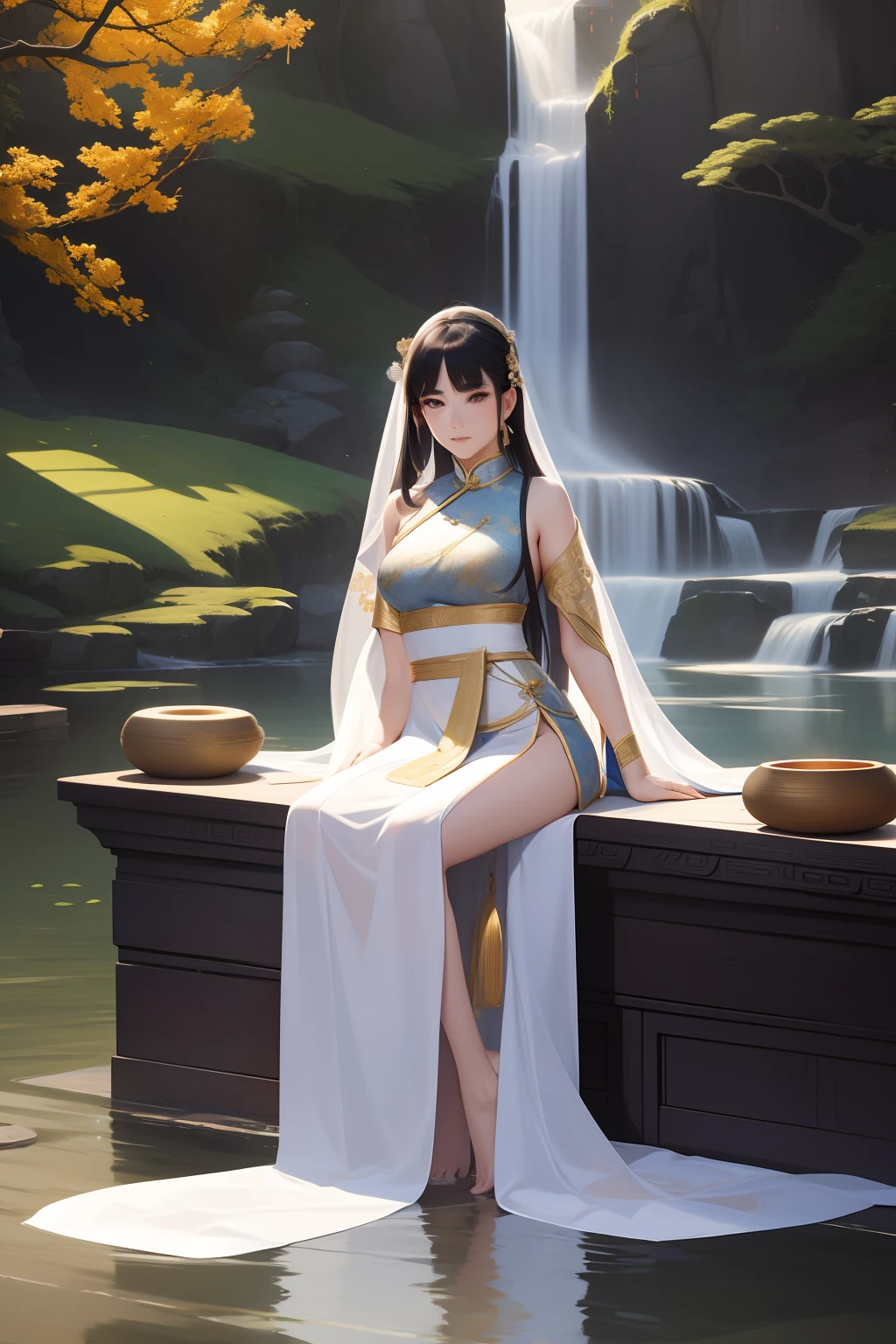 An ancient Chinese beauty sitting on a stone, wearing ancient Chinese clothing, flowing tulle, light silk, lazy posture, large lotus leaf, lotus, ink painting style, clean color, decisive cutting, blank, freehand, masterpiece, super detailed, epic composition, high quality, the highest quality, 4k --v 6