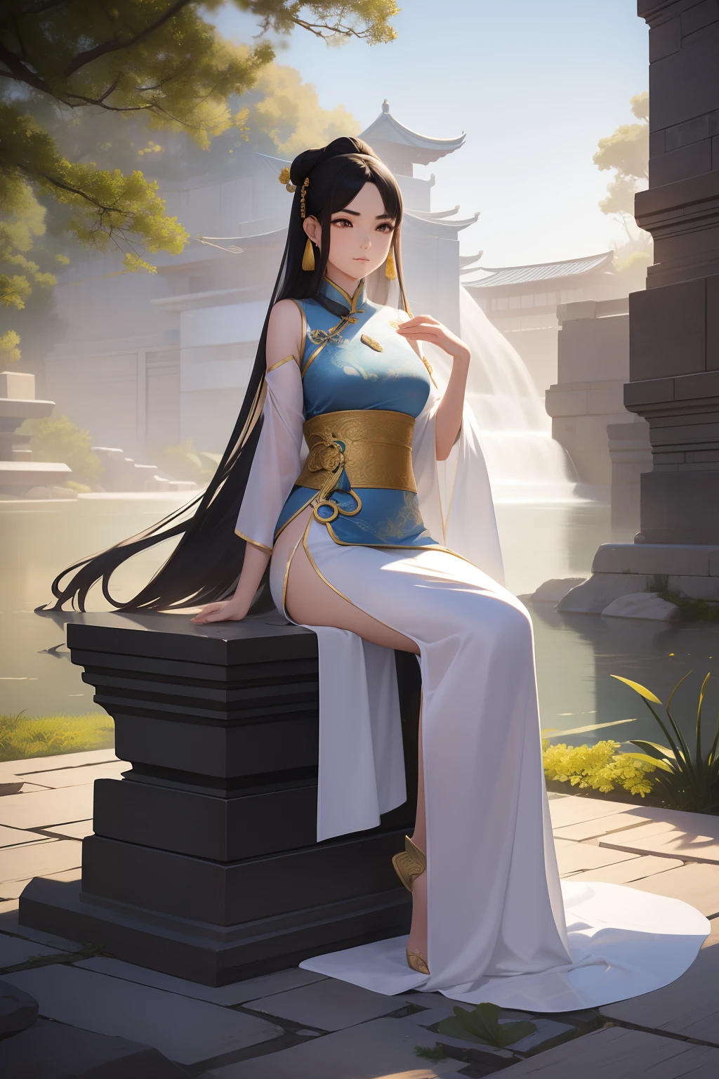 An ancient Chinese beauty sitting on a stone, wearing ancient Chinese clothing, flowing tulle, light silk, lazy posture, large lotus leaf, lotus, ink painting style, clean color, decisive cutting, blank, freehand, masterpiece, super detailed, epic composition, high quality, the highest quality, 4k --v 6