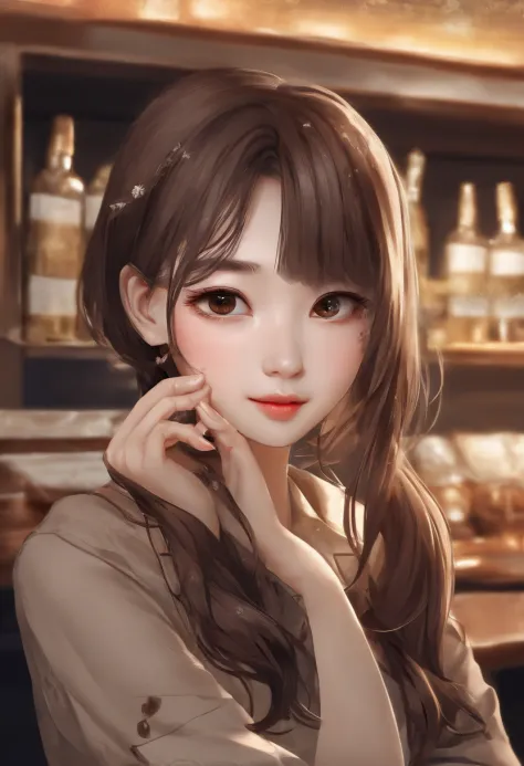 One girl,  (((Brown Made))),Highest Quality, in 8K,Large exposed bust、 masutepiece:1.3,  Black hair, Ultra-detailed face, Detailed eyes, Big Bust, Double eyelids, Best Smile,
,b3rli, Western Cafe