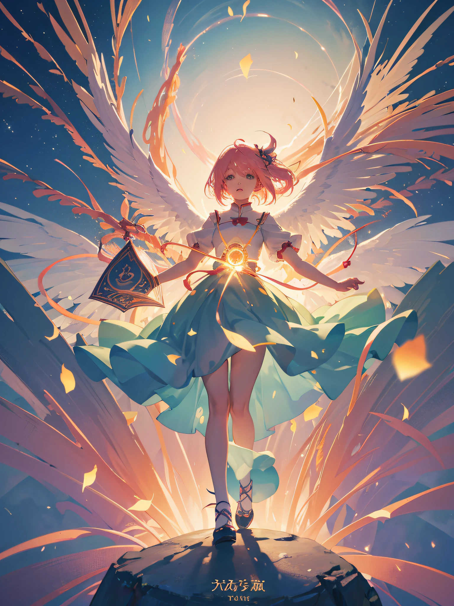 A girl with wings and a book stands on a rock - SeaArt AI