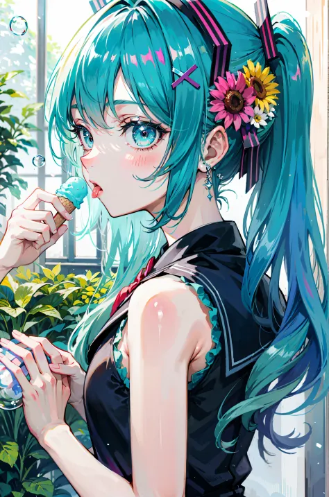 miku hatsune : 1.1, blue hair: 1.2, school uniform, Daytime: 1.2,In the garden: 1.1, flower, Film lighting, Surrealism, UHD, acc...