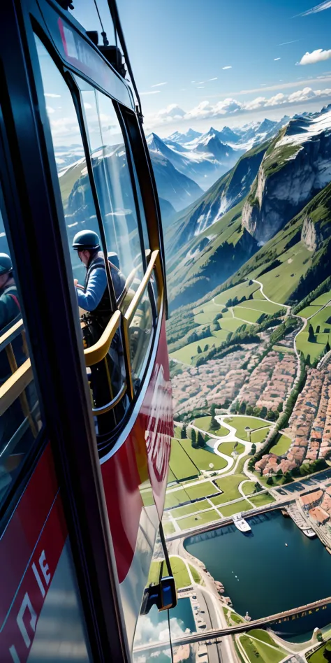 realisticlying、climb a large aerial tram in switzerland、depiction of the advance to the top、