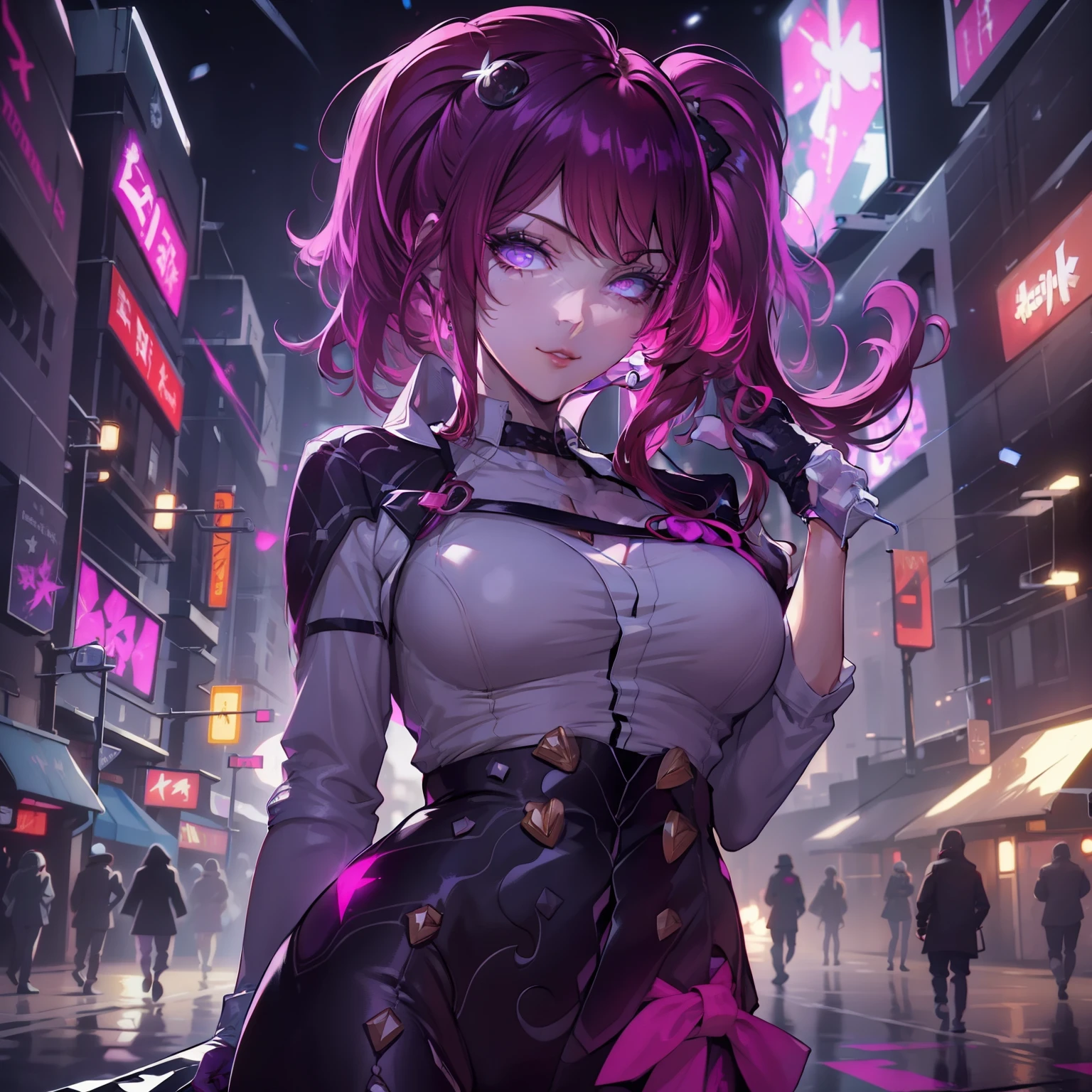 female , Un adolescente con cabello corto y blanco como la nieve , sporting a mysterious full-face that has glowing purple eyes , vestido con una llamativa camisa roja y un largo abrigo negro, Deftly wielding a pair of dual long swords, one bright in vibrant red and the other hypnotically purple.. The scene unfolds against the backdrop of a dystopian cyberpunk city at night.., pulsing with neon lights and a futuristic aura, All rendered in stunning high-resolution 8K quality
