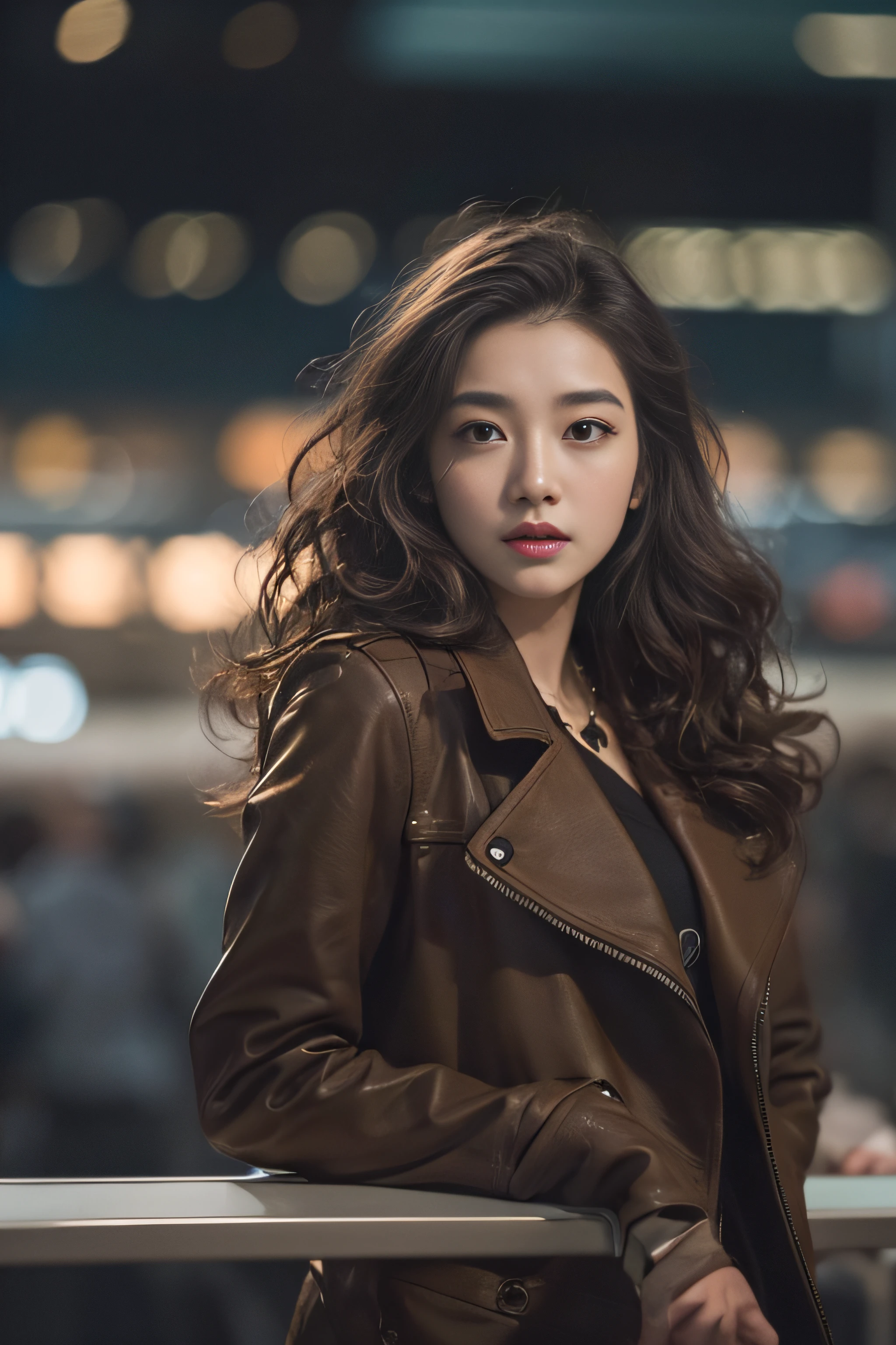 1womanl、Early 20s、(Strong-willed super beautiful woman)、(ultra beautiful faces)、is standing、Wearing makeup、Wavy brown hair、(Airport at night:1.1)、Large windows at the departure gate、(Airplane from background window:1.2)、Shallow depth of field