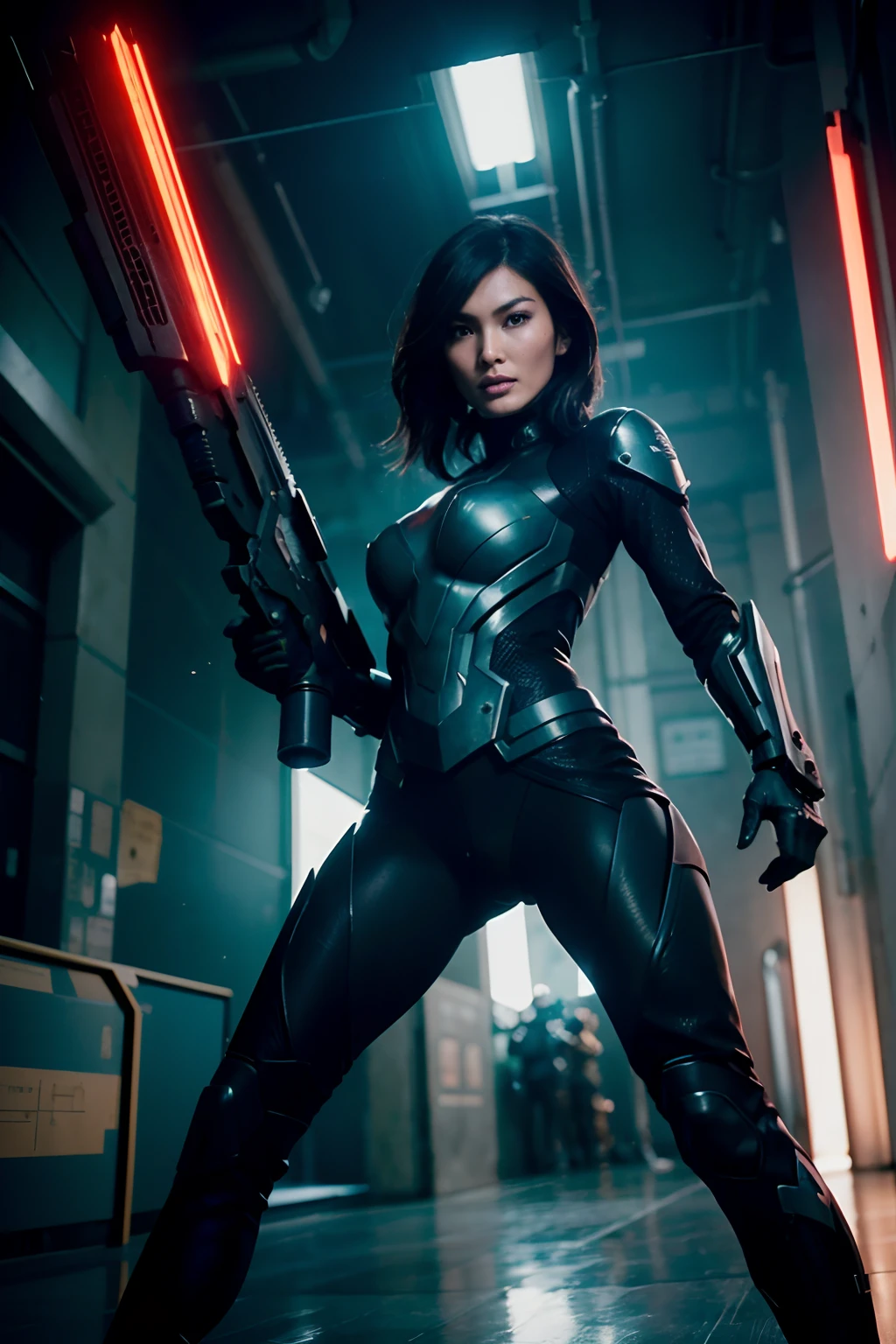 Gemma Chan as cyberpunk sniper arm with a large sniper rifle, wearing cyberpunk army armor,  glowing lights, full body, (dynamic pose), (hyper realistic:1.4), (realistic:1.3), (best quality real texture skin), full body, (Cinematic Light), highly detailed skin, skin pores, (highly detailed face:1.1), (highly detailed eyes:1.1), realistic pupils, (perfect anatomy:1.1), (perfect proportions:1.1), (photography:1.1), (photorealistic:1.1), volumetric lighting, dynamic lighting, real shadows, (highres:1.1), sharp focus, daylight, (realistic, hyperrealistic:1.4), intricate, high detail, dramatic, subsurface scattering, big depth of field, vivid, polished, sharpened, ((full Sharp)), (extremely absurdres),8k hdr