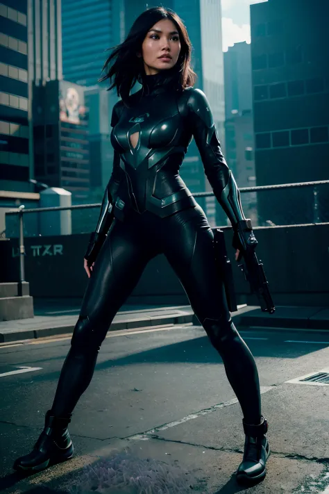 Gemma Chan as cyberpunk sniper arm with a large sniper rifle, wearing cyberpunk army armor,  glowing lights, full body, (dynamic...