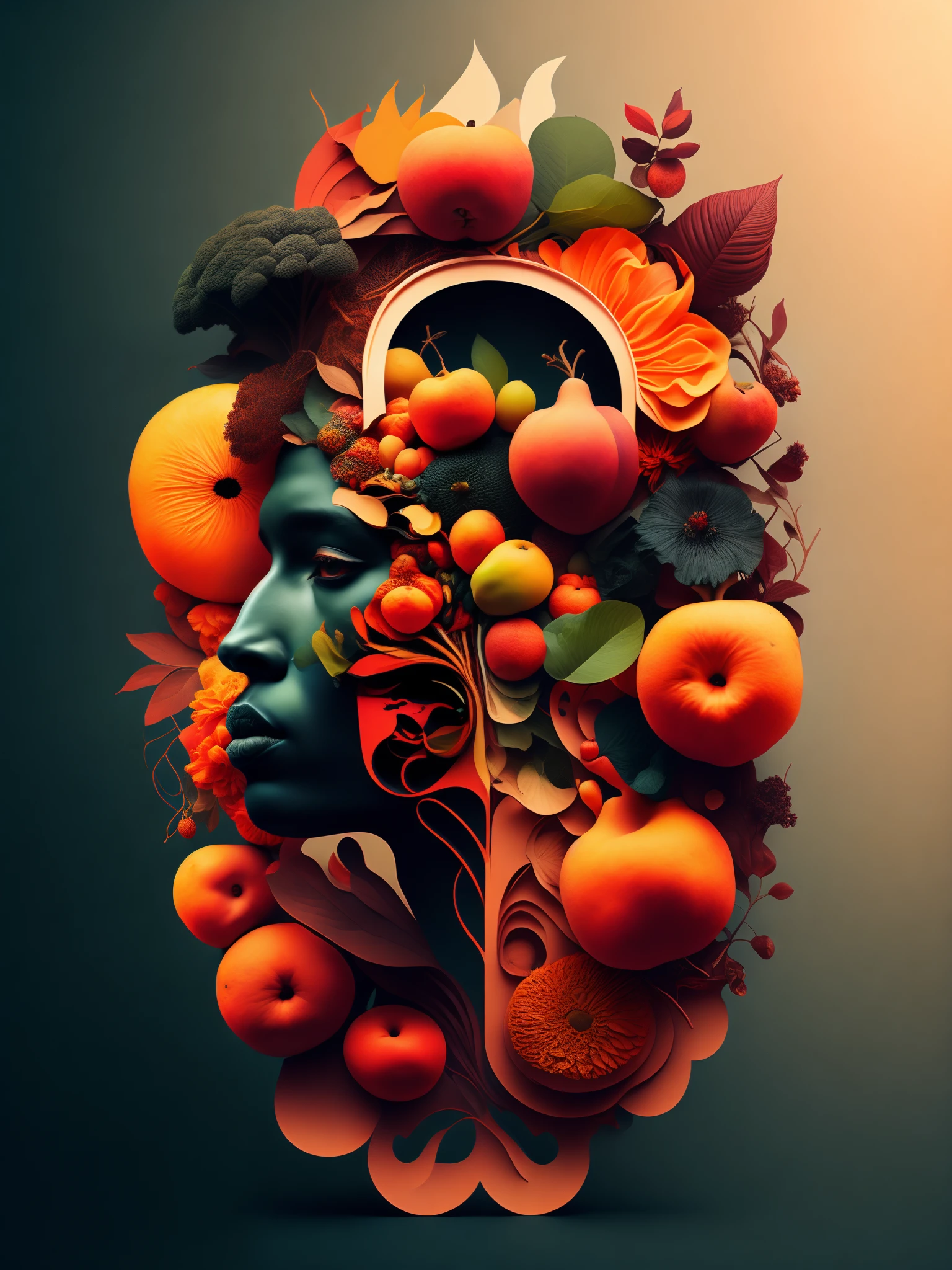 さまざまな果物や花を持つ男性の正面図を様式化した画像