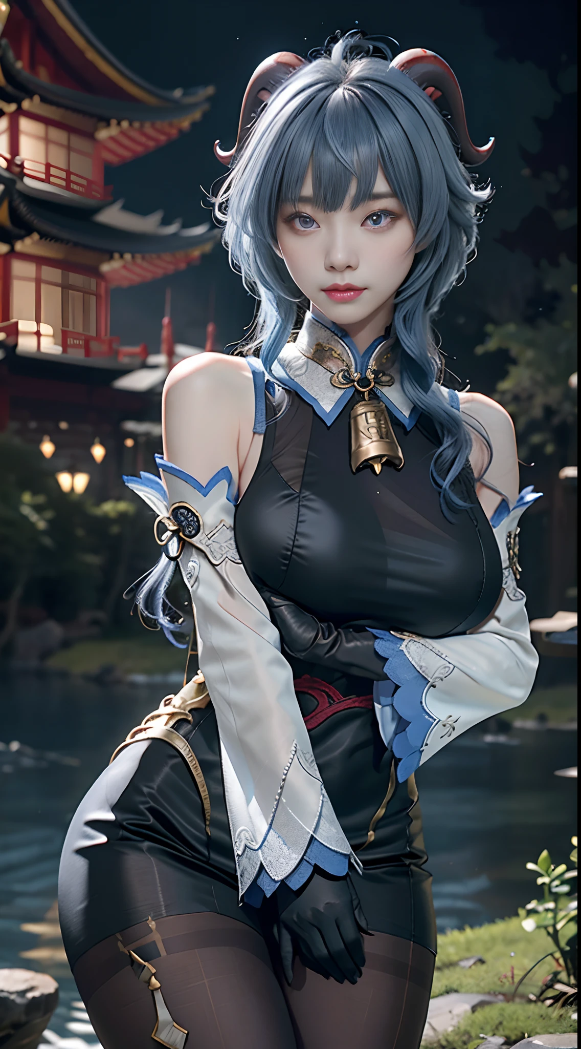 Masterpiece, (Photorealistic:1.5), Best quality, Beautiful lighting, Real life, Ganyu \(Genshin Impact\), 1girll, ahoge, architecture, bangs, Bare shoulders, bell, Black gloves, Black pantyhose, (Blue hair), Blush, Breasts, Chinese knot, Detached sleeves, east asian architecture, flower knot, mitts, Horns, Long hair, view the viewer, Medium breasts, Neckbells, Night, Outdoors, Pantyhose, Purple eyes, side locks, Solo, nipple tassels, White sleeves, (Ulzzang-6500:0.5) , Intricate, High detail, Sharp focus, Dramatic, Beautiful girl , (RAW photo, 8K  UHD, filmgrain), Caustics, Subsurface scattering, Pondering ,