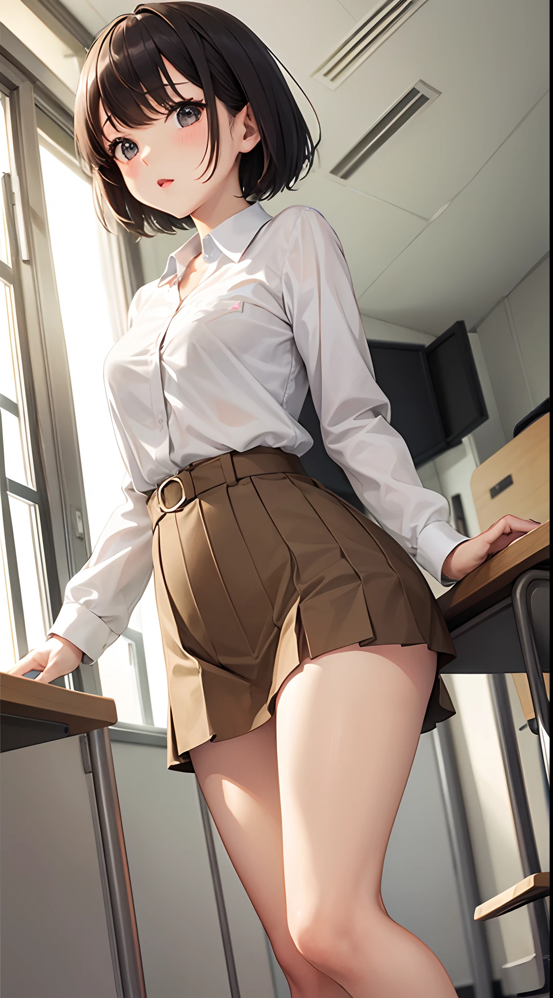 Anime girl in short skirt posing in office with desk and window - SeaArt AI