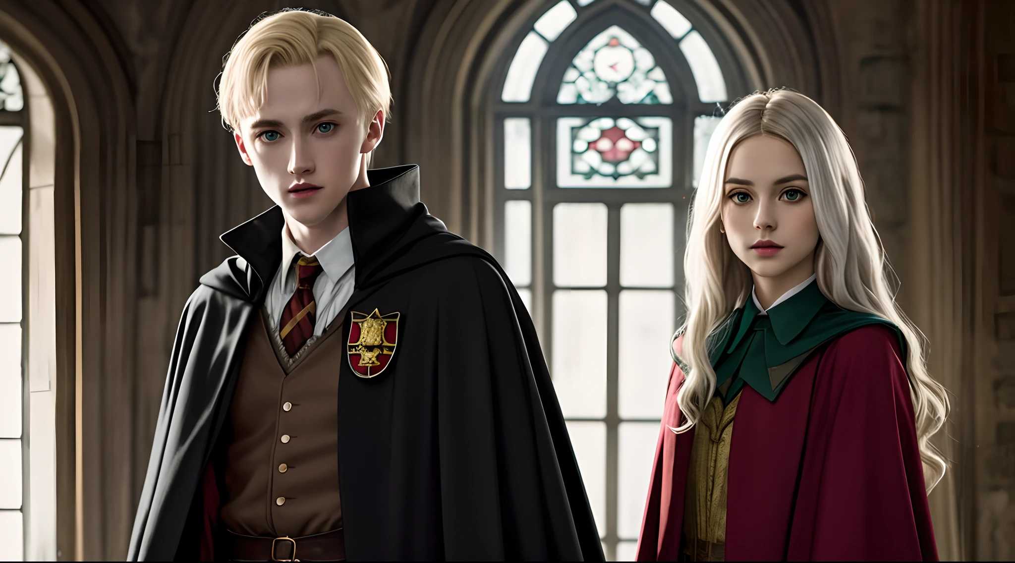 Draco Malfoy in a black cape with a silver mask on his face along with a blonde girl. long-haired, green-eyed, dressed in a Gryffindor uniform