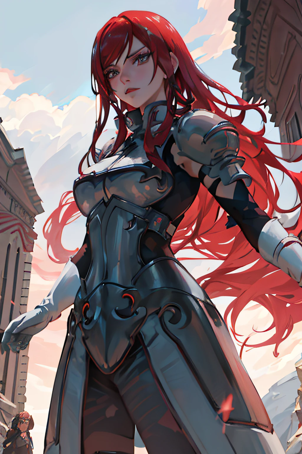 best quality,ultra-detailed,realistic,professional,illustration,Erza Scarlet, beautiful detailed eyes, beautiful detailed lips, extremely detailed eyes and face, long eyelashes, powerful and confident pose, red hair flowing in the wind, fierce expression, armored outfit, sword, magical aura, intense battle scene, dynamic composition, vibrant colors, anime style, dramatic lighting.