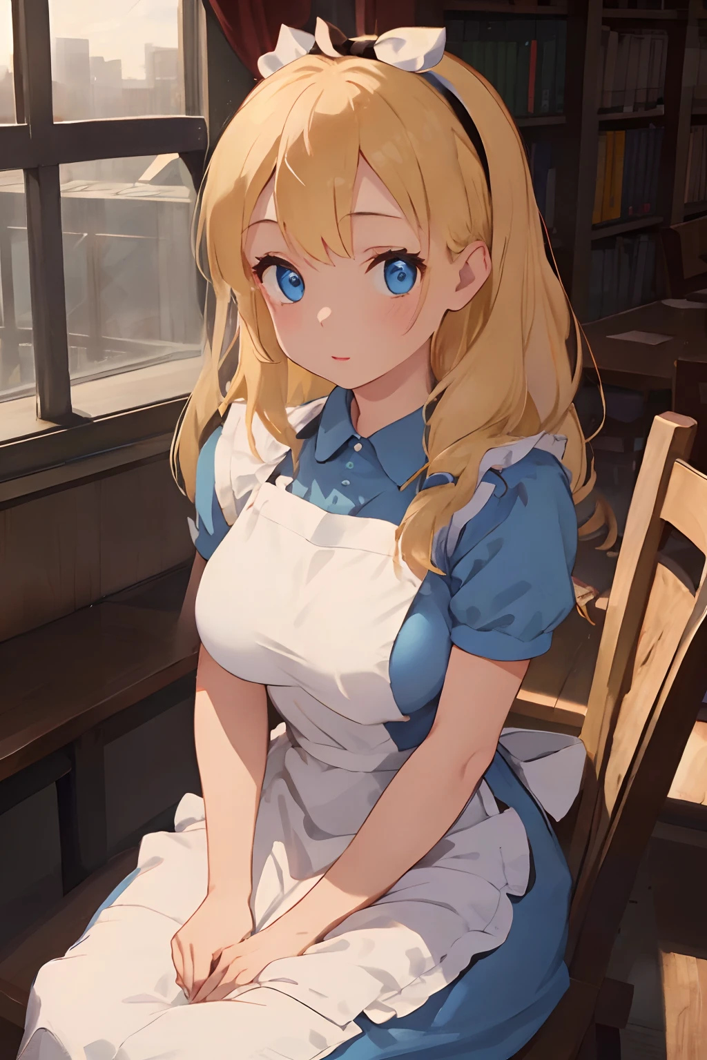 (​masterpiece、top-quality;1.3)、ighly detailed、1girl in、looking at the viewers、atlibrary、alice liddell、a blue dress、White Apron、Black Hair Band、Blonde long hair、big breast beauty、Bra is visible