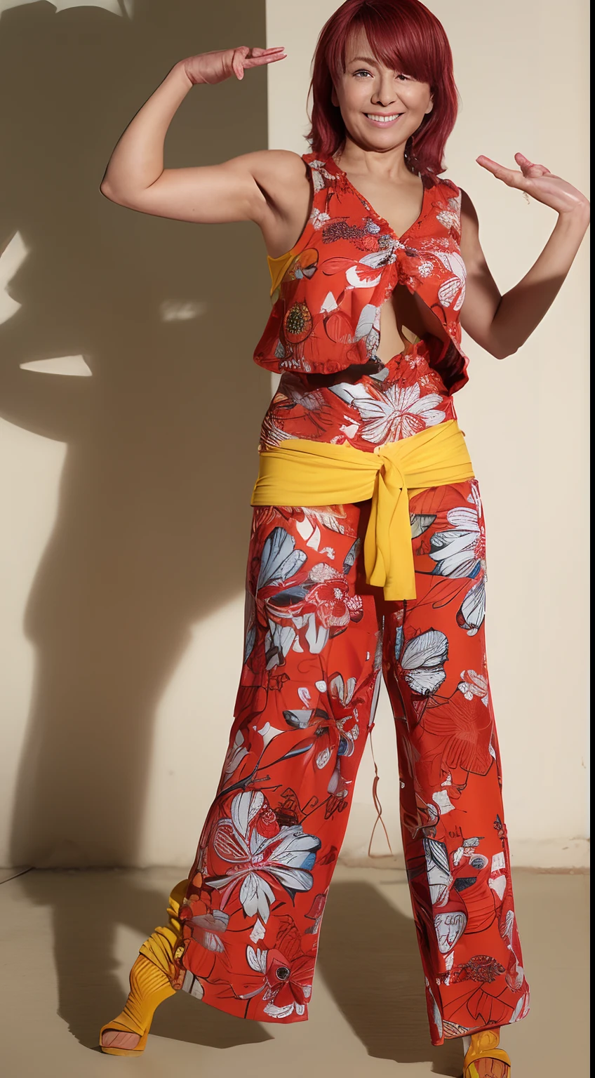 Arafed woman in a red floral top and yellow pants - SeaArt AI