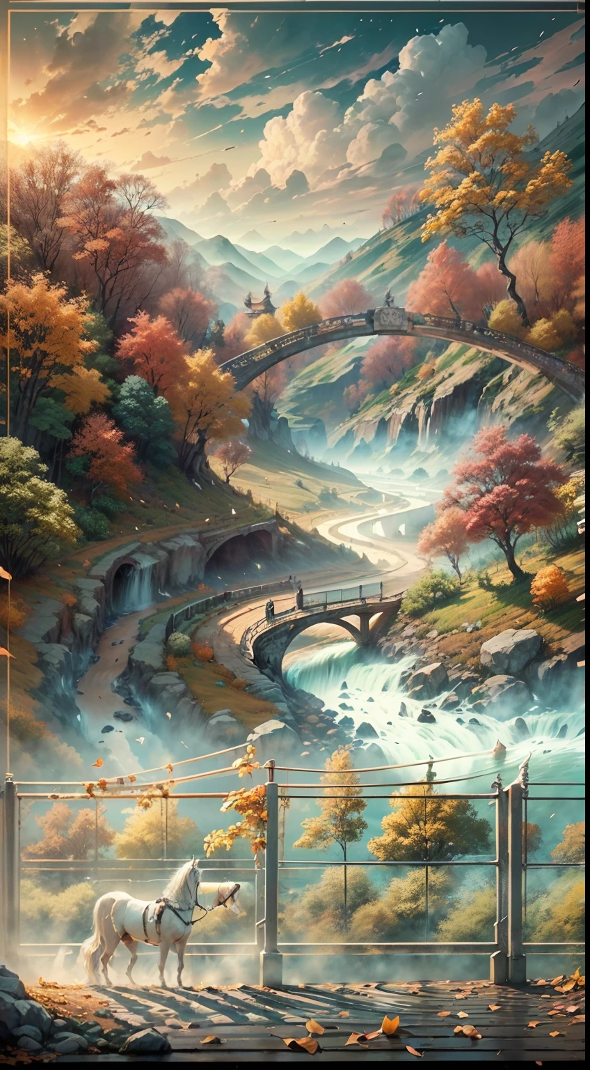 （Small bridges and flowing water，Ancient road west wind thin horse，Sunset，Broken intestines are at the end of the world）（Ancient trails lead into the distance），（A small arch bridge spans a small river:1.1)，(The river meanders into the distance），（The sky is windy，Fluttering yellow leaves），（A skinny white horse is pacing:1.1），（The vista is an oblique view of the sunset），（The afterglow of the setting sun shines through the clouds），（Autumn tones），（Ancient Chinese feng shui landscape painting style），（Masterpiece），（A complete painting），（Extremely detailed picture），（light and shadow effect），（Movie lighting），（cinema4d），（Light particle tracing），（rendering by octane），（Unreal 5），（Layered artistic effects），（Best Painting），（Master painting），（8K分辨率），photorealestic，realisticlying