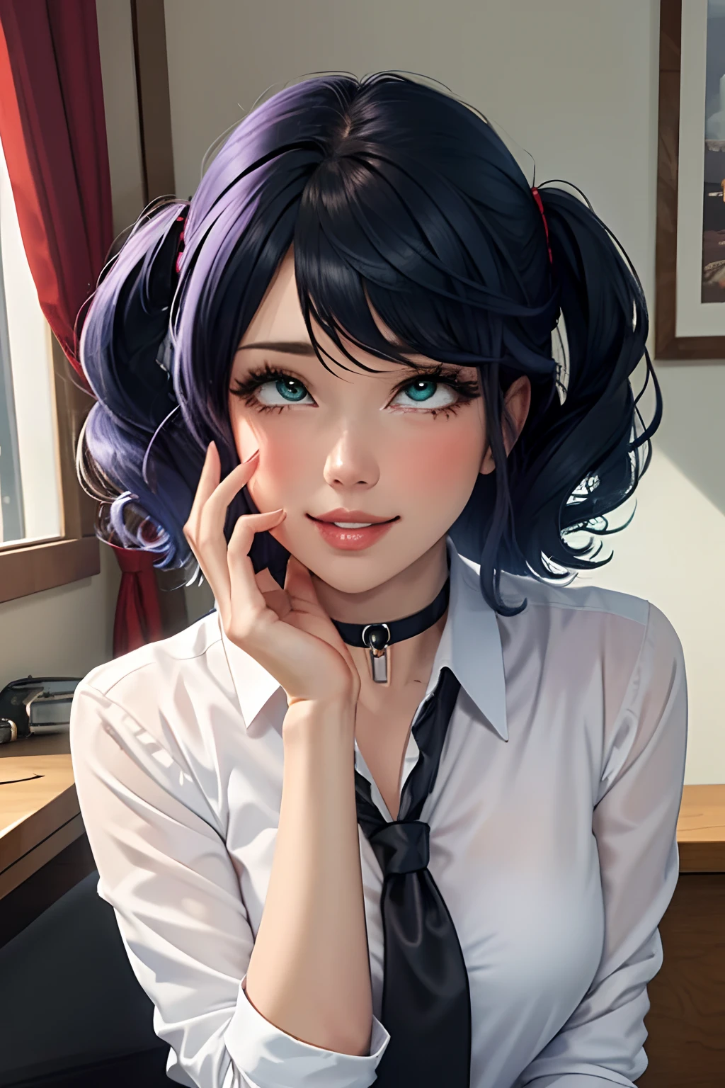 masterpiece, best quality, ultra-detailed, illustration, epic lighting, cinematic composition, isometric, 1girl, (solo:1.5), cute, blue eyes, green eyes, detailed iris, black hair, swept bangs, single sidelock, red hairclip, unbuttoned white shirt, choker, loose black necktie, black pants, formal, enchanting gaze, captivating pose, indoors, office, door, opening door, looking at viewer, peeking out upper body, blush, seductive smile, closed mouth,(8k:1.1), (ahegao:1.5)