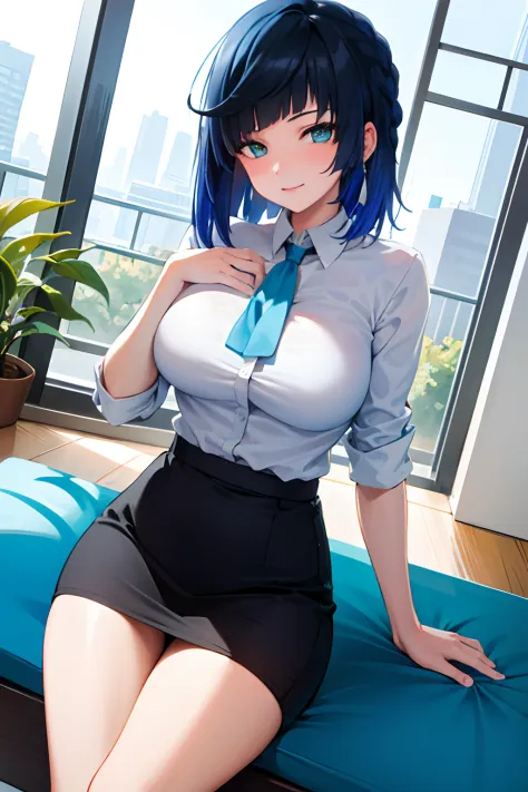 ((masterpiece, best quality)), (1girl),((mature female)), blue hair, ((office lady )),bangs,middle breast,(busty),slim,smile, [w...