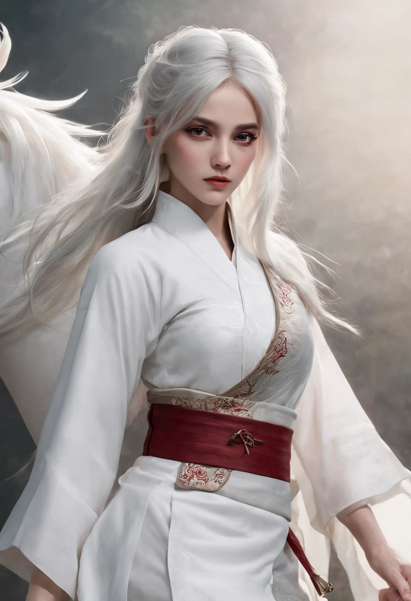 Cirilla Fiona Elen Riannon，动态照明，art  stations，poster for，Volumetriclighting，Very detailed faces，4k wallpapers，He has a delicate and beautiful face，long hair flowing，horse tailed，Fringed Hair Ornament，Dynamic perspective，White Hanfu，White gauze flying，red waistband，Sexy，Tradition Chinese Ink Painting，Surrounded by clouds，fog atmosphere，Ride a white dragon，White dragon horn，dynamic viewing angle，电影灯光