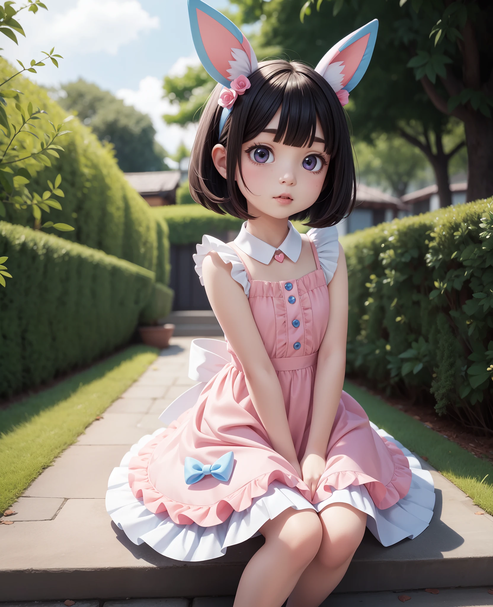 4K, master piece, best quality, Kawaii, cute, sfw, sylveon, hioshiru, goth frilly dress, bob cut