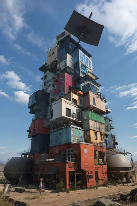 (photo), (best quality), (rainbow:1.1), multicolored Container_building, wasteland in a fantasy world, surreal, grey skies, sunbeam, post-apocalyptic world, (tower:1.5), detailed, high resolution, 8k, high saturation