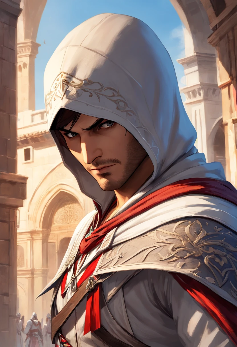 An exquisite portrait of Ezio Auditore, the iconic character from the game series "Assassin's Creed". Capturing his fierce and determined personality, this masterpiece (best quality, 4k, high-res) showcases ultra-detailed features, bringing the Renaissance assassin to life. 

With a stunning mix of oil painting and photorealistic rendering, the medium used in this artwork elevates its visual impact. The vibrant colors and sharp focus accentuate every intricate detail, from Ezio's piercing and hypnotizing hazel eyes to his defined facial features. The eyes, being beautifully detailed, emit an aura of intelligence and intensity.

Dressed in the traditional assassin's robes, Ezio's outfit exhibits impeccable craftsmanship and attention to detail. The blend of dark shades and hints of gold embroidery adds elegance to the overall composition. The fabric texture is lifelike, invoking a sense of tactile realism.

Set against a backdrop of historical Italian architecture, the scene immerses us in Renaissance Florence, giving a glimpse into the world Ezio inhabits. The soft glow of studio lighting highlights his silhouette, creating a dramatic and mysterious atmosphere. Shadows intricately dance around him, adding depth and dimension to the composition.

This extraordinary artwork combines the essence of both the Assassin's Creed universe and classical artwork techniques. It portrays Ezio in a way that embodies his charm, stealth, and unwavering determination. The composition successfully captures the spirit of the game, inviting viewers to embark on an epic journey through Ezio's adventures in the Renaissance world.

Let this artwork transport you into the captivating realm of Assassin's Creed, where history and fantasy interweave. Experience the thrill of Ezio Auditore's story, as this masterpiece ignites your imagination and leaves you in awe of the Assassin's Creed legacy.