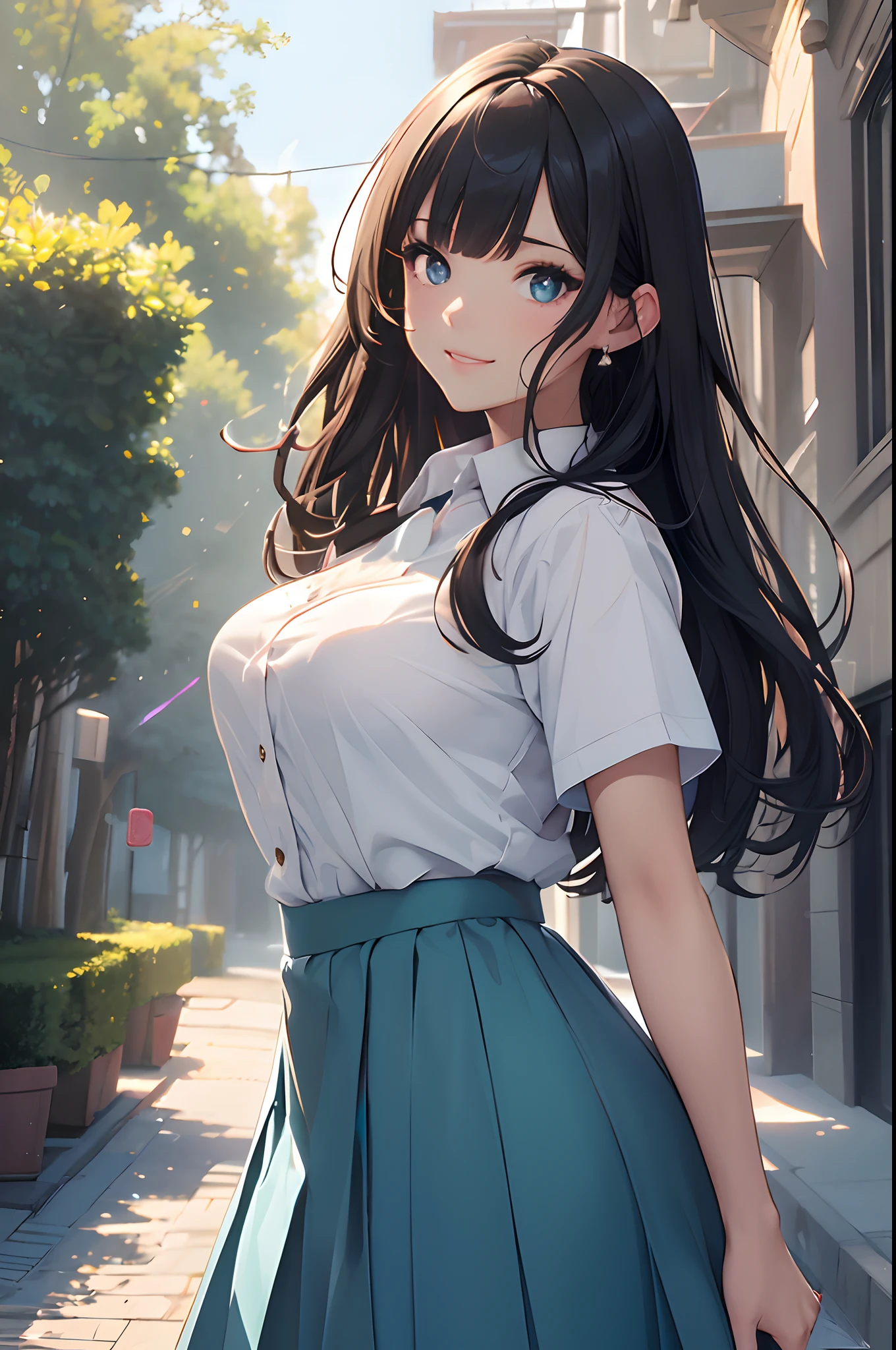 Anime girl in a skirt and blouse standing on a sidewalk - SeaArt AI