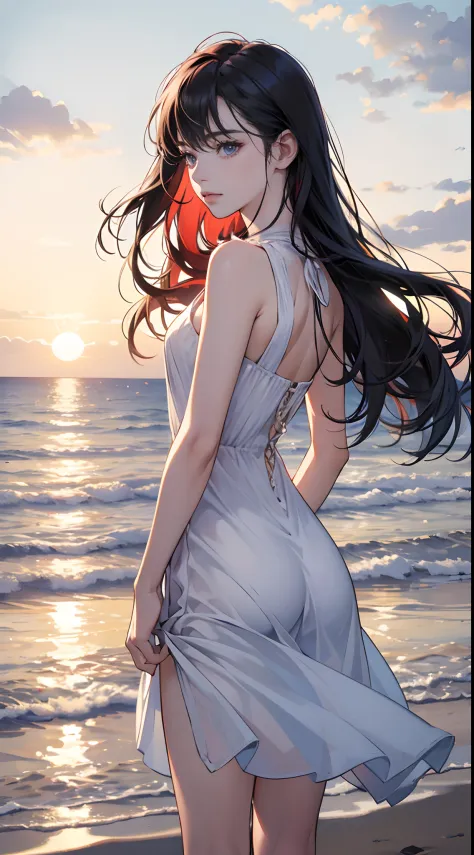 (Best Quality,4K,High resolution), 18yo woman, Cool appearance，Red-black mesh hair, long, straight haired, ，Delicately drawn illustrations down to the smallest detail, Realistic portrayal,outside of house，the setting sun，Background，Standing on the beach，po...
