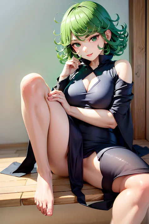 (Masterpiece, Best quality:1.2), 独奏, 1girll, tatsumaki, Boring, Closed mouth, looking a viewer, Hands on our faces, Sitting, Short black dress,Big thighs,Cross ed leg
