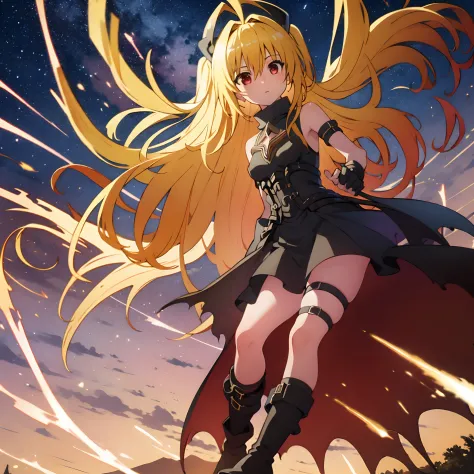 masterpiece, best quality, ultra-detailed, illustration, 1girl, solo, fantasy, flying, floating, Yami the Golden Darkness as a f...